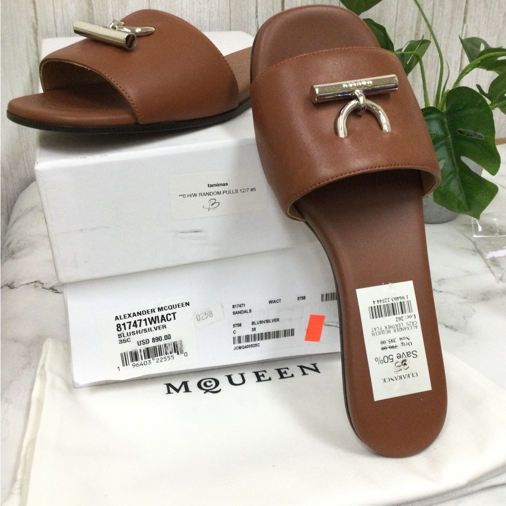 NWT Alexander McQueen Brown Leather Slide Sandals